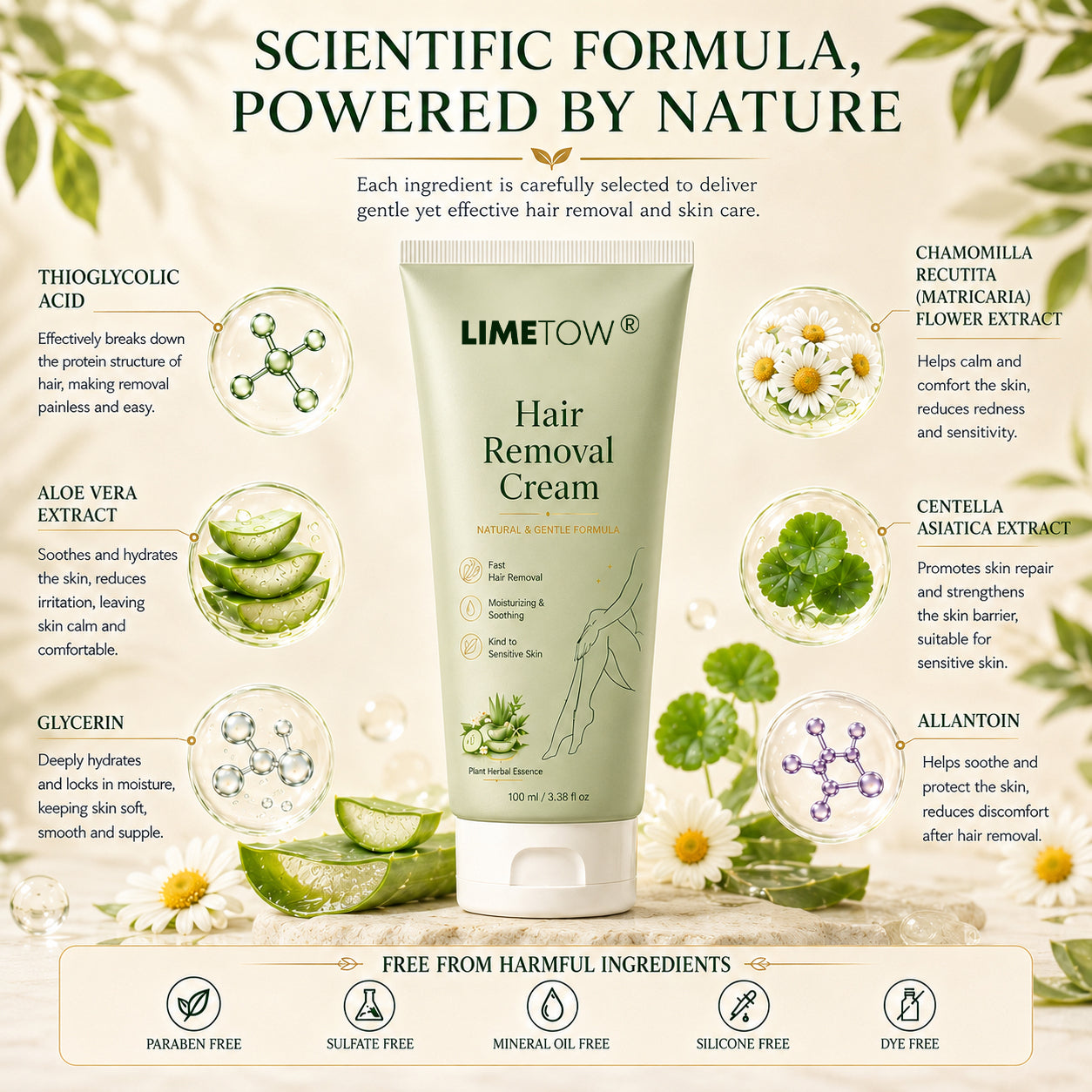 LIMETOW® Natural Gentle Hair Removal Cream | For Women & Men, Sensitive Skin