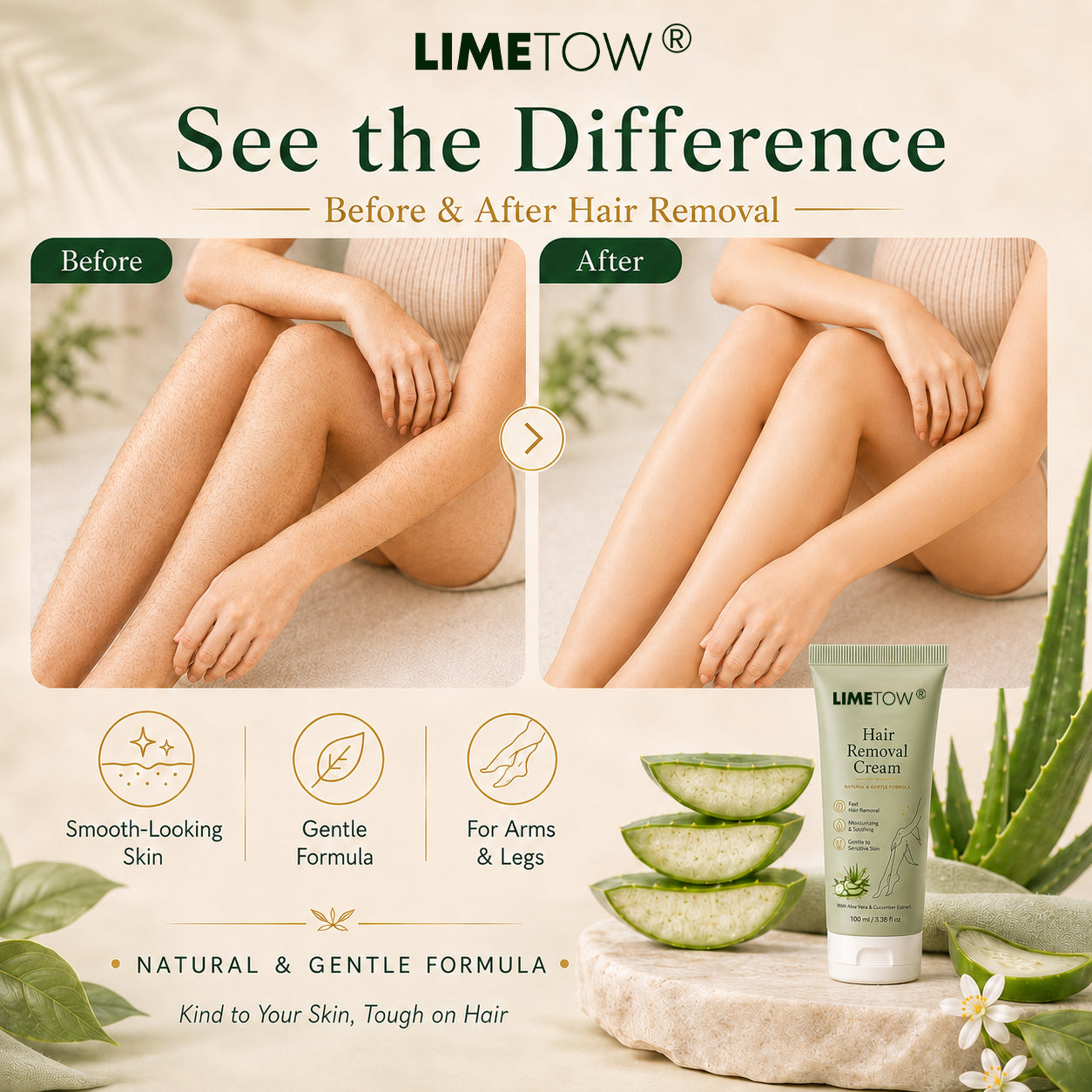 LIMETOW® Natural Gentle Hair Removal Cream | For Women & Men, Sensitive Skin